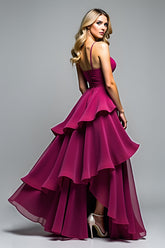 Dunkelviolettes Gestuftes Tüll Hochzeitsgastkleid mit Spaghettiträgern